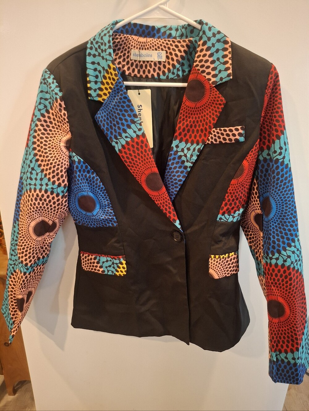 Black Blazer with Multicolor Ankara-Print Trim